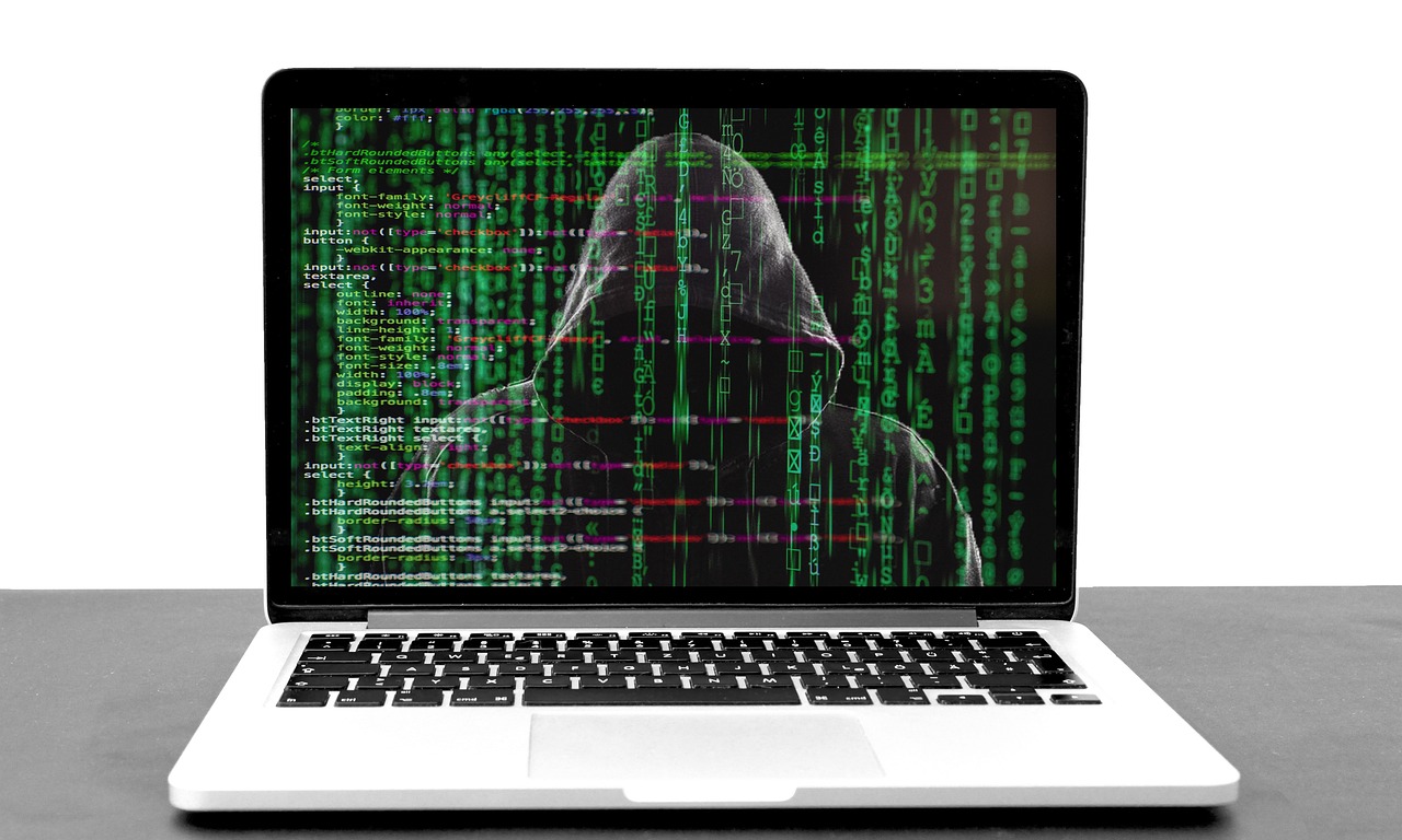 Laptop with a person in a hoodie in front of it.