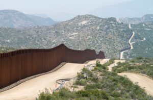 The Mexican-American border, with some construction still ongoing on the American side.