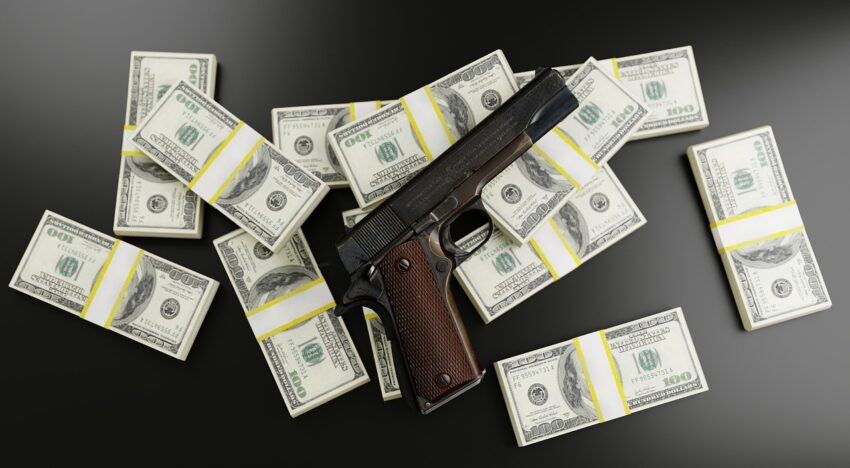 money, dollars, gun